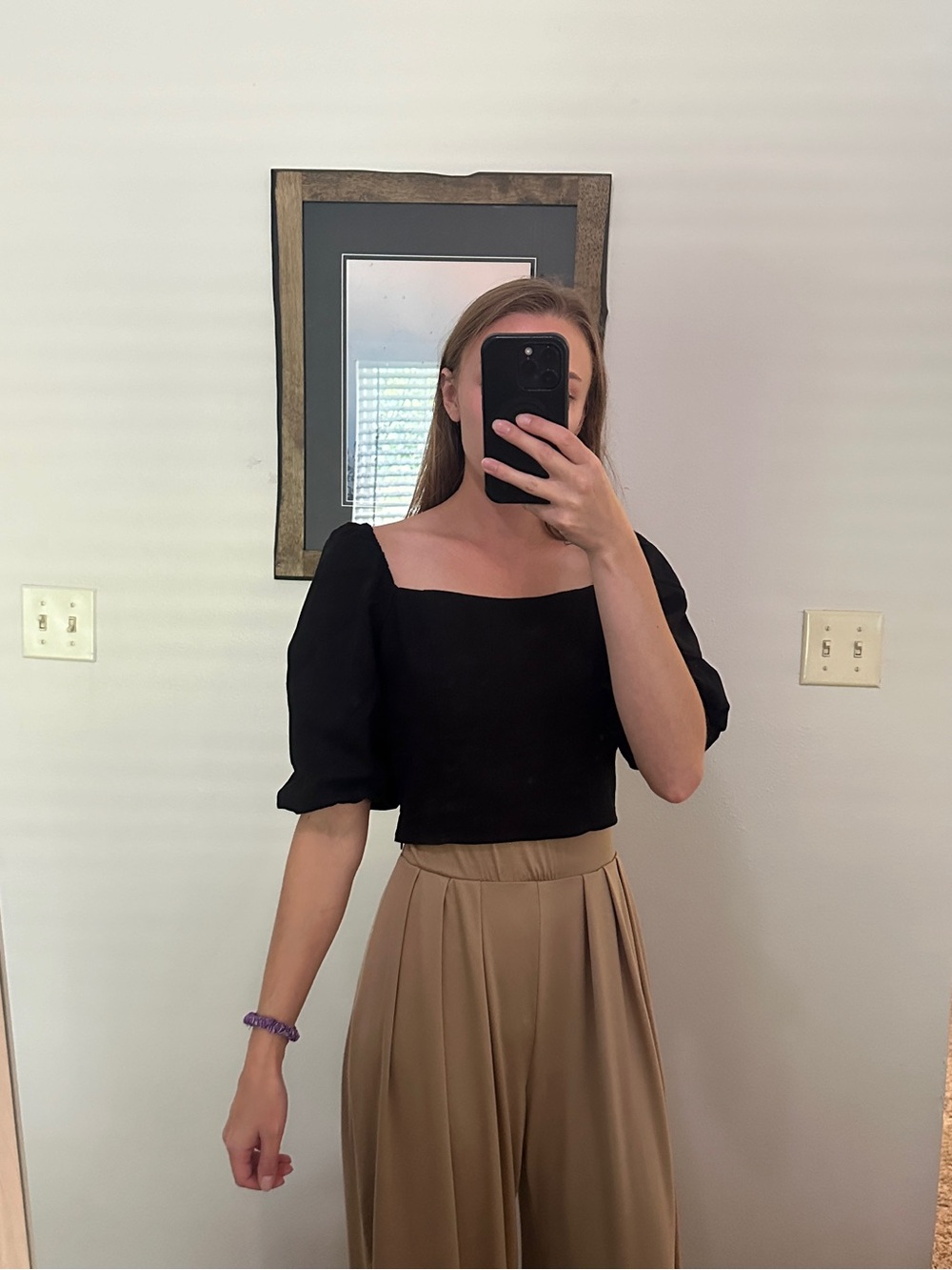Francesca's Black Square-Neck Crop Top with Puff Sleeves